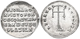 Constantine VII Porphyrogenitus, with Romanus I and Christopher, 913-959. Miliaresion (Silver, 23.5 mm, 2.82 g, 1 h), Constantinople, 921-931. + ROmAh...
