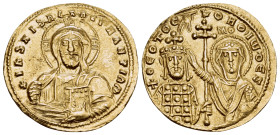 John I Zimisces (Tsimisces), 969-976. Solidus (Gold, 21 mm, 4.47 g, 6 h), Constantinople. + IhS XIS REX REGNANTInm Nimbate bust of Christ facing, rais...