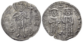 John V Palaeologus, with John VI Cantacuzene, 1341-1391. Basilikon (Silver, 20 mm, 1.17 g, 6 h), Constantinople. O-Α-Γ-Ιω - Ο-monogram of ΠΡΟΔΡΟΜ-OC S...
