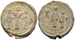 Romanus IV Diogenes, with Eudocia, Michael VII, Constantius, and Andronicus, 1068-1071. Seal or Bulla (Lead, 34 mm, 30.66 g, 12 h). PΩMAN S EYΔK B PM ...