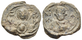 BYZANTINE SEALS. Anonymous, Circa 11th century. Seal or Bulla (Lead, 15.5 mm, 3.20 g, 12 h). MP-ΘY Nimbate facing bust of the Virgin Mary, orans, with...