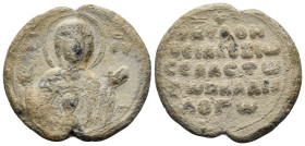 BYZANTINE SEALS, Imperial Court. Alexios Palaiologos, Sebastos, circa 12th century. Seal or Bulla (Lead, 31 mm, 18.55 g, 12 h). MHP-ΘOY Facing bust of...