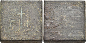 BYZANTINE WEIGHTS. Late 5th-6th century. Weight of 2-ounkia (Bronze inlaid with silver, 28x28x5 mm, 53.78 g), uniface, square commercial weight, its t...