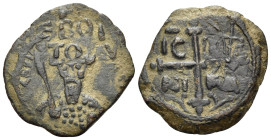 CRUSADERS. Antioch. Tancred, regent, 1101-1112. Follis (Bronze, 22 mm, 3.45 g, 10 h), Second type. [+KE BO TO TANKRE] or similar Bearded bust of Tancr...