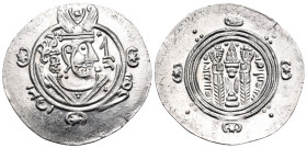TABARISTAN. 'Abbasid governors. Jarir, PYE 135-137. Hemidrachm (Silver, 24 mm, 2.01 g, 6 h), PYE 135. Sasanian-style bust to right, wearing winged cro...