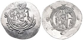 TABARISTAN. 'Abbasid governors. Jarir, PYE 135-137. Hemidrachm (Silver, 24 mm, 2.17 g, 5 h), PYE 136. Sasanian-style bust to right, wearing winged cro...