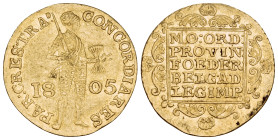 NETHERLANDS, Batavian Republic. 1795-1806. Ducat (Gold, 22 mm, 3.46 g, 12 h), Utrecht, 1805. CONCORDIA RES PAR CRES TRA Knight standing right, holding...