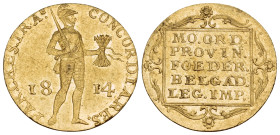 NETHERLANDS. William I, as sovereign prince, 1813-1815. Ducat (Gold, 20,5 mm, 3.49 g, 12 h), Utrecht, 1814. CONCORDIA RES PAR CRES TRA Knight standing...