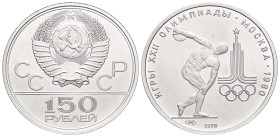 RUSSIA, Union of Soviet Socialist Republics. 1923-1991. 150 Roubles (Platinum, 28 mm, 15.52 g, 12 h), celebrating the XXII Summer Olympics held in Mos...
