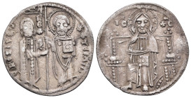 SERBIA. Stefan Uros I, king, 1243-1276. Gros (Silver, 20 mm, 1.92 g, 6 h). S STEFAN VROSIVS / REX Stefan, on left, standing facing, receiving banner f...