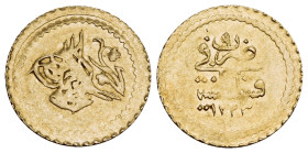 TURKEY. Mahmud II, AH 1233-1255 / AD 1808-1839. 1/4 Zeri Mahbub (Gold, 13.5 mm, 0.79 g, 12 h), Qustantaniyya, AH 1223. Tughra. Rev. Mint and year. KM ...