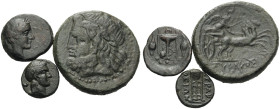 GREEK. Circa 4th-2nd century. (Bronze, 15.10 g). A lot of Three (3) Sicilian Greek bronze coins, including a tetras from Leontini and two coins from S...