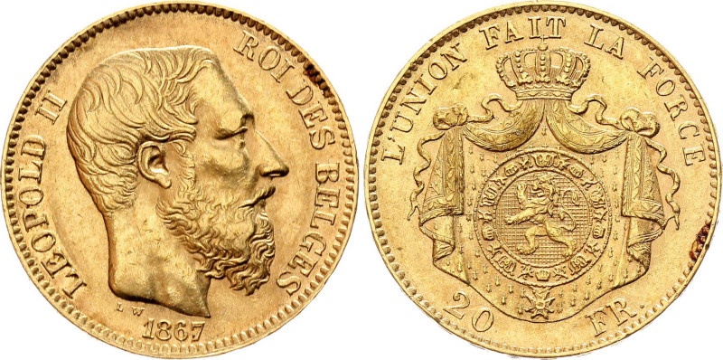 Belgium 20 Francs 1867

KM# 32, N# 13801; Gold (0.900) 6.45 g., 21 mm.; Leopol...