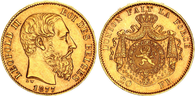 Belgium 20 Francs 1877

KM# 37, N# 7499; Gold (.900) 6.45 g., 21 mm.; Leopold ...