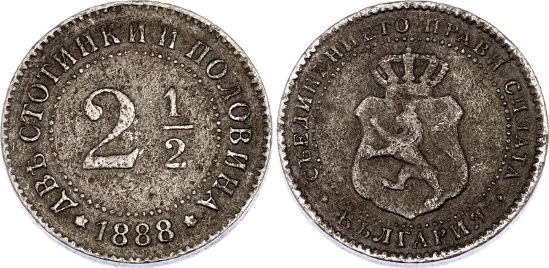 Bulgaria 2-1/2 Stotinki 1888

KM# 8, N# 22489; Copper-nickel; Ferdinand I; Bru...