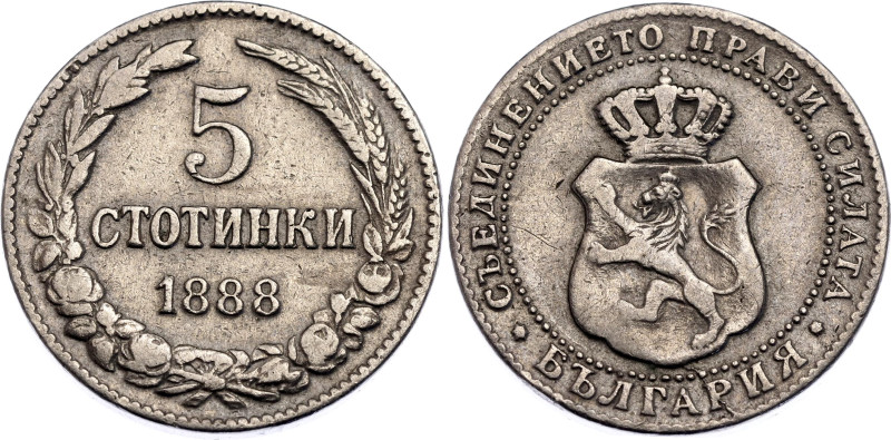 Bulgaria 5 Stotinki 1888

KM# 9, N# 23588; Copper-nickel; Ferdinand I; Brussel...
