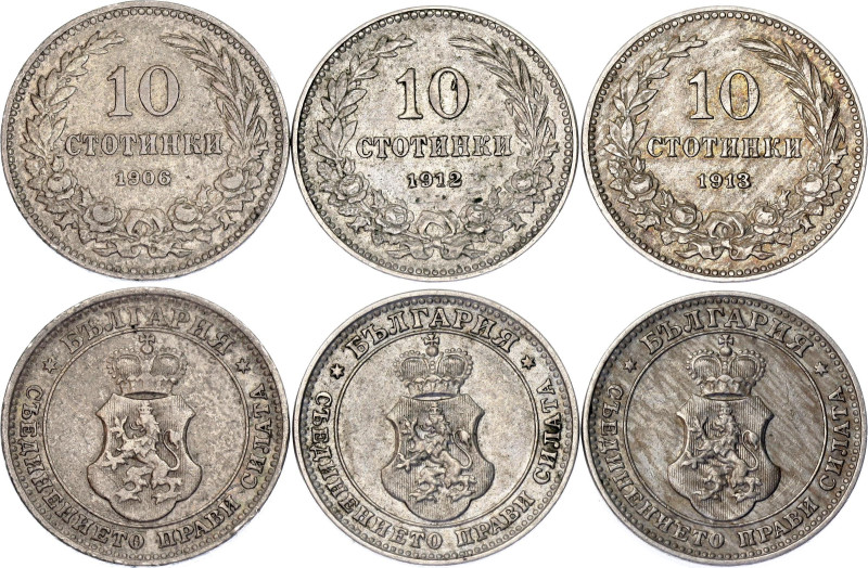 Bulgaria 3 x 10 Stotinki 1906 - 1913

KM# 25, N# 4120; Copper-Nickel; Ferdinan...