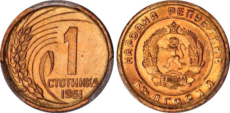 Bulgaria 1 Stotinka 1951 PCGS MS 66

KM# 50, N# 5363; Bronze; Bulgarian Mint