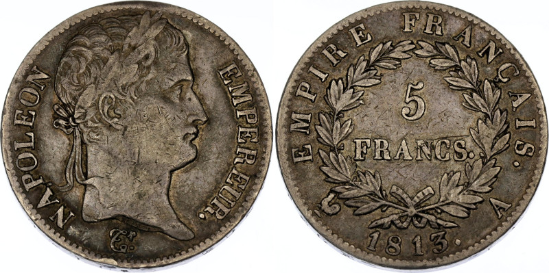 France 5 Francs 1813 A

KM# 694, N# 2108; Silver; Napoleon I; VF+ with nice to...