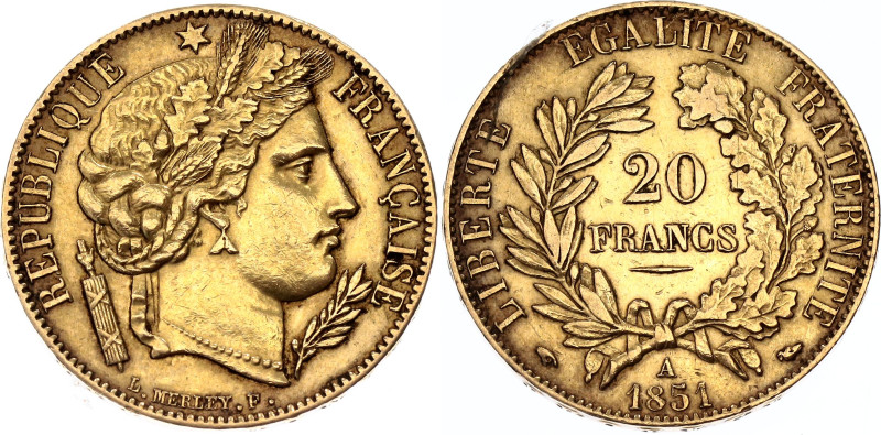 France 20 Francs 1851 A

KM# 762, N# 8003; Gold (0.900) 6.45 g., 21 mm.; 2nd R...