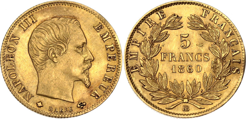 France 5 Francs 1860 BB

KM# 787.2, N# 7167; Gold (.900) 1.59 g.; Napoleon III...