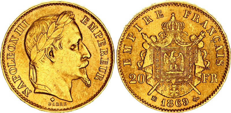 France 20 Francs 1869 BB

KM# 801, N# 6718; Gold (.900) 6.45 g., 21 mm.; Napol...