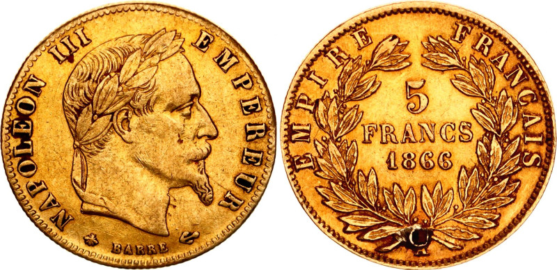 France 5 Francs 1866 A

KM# 803, N# 5308; Gold (0.900) 1.61 g., 17 mm.; Napole...