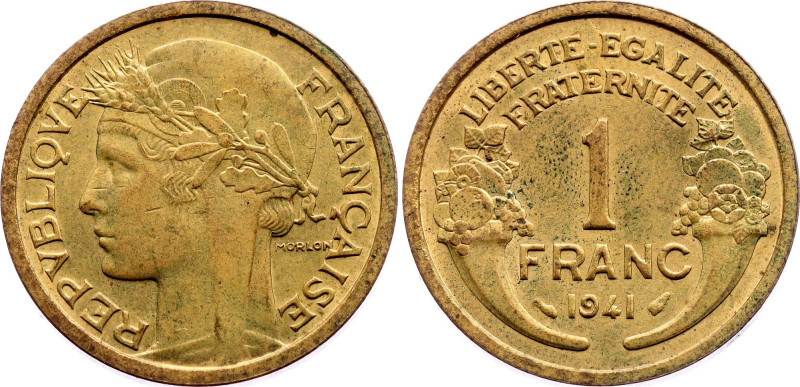 France 1 Franc 1941

KM# 885, N# 707; Aluminium-bronze; XF mint luster remains