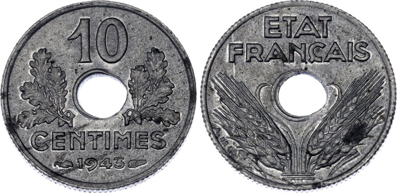 France 10 Centimes 1943

KM# 903, N# 1140; Zinc; Vichy French State; UNC