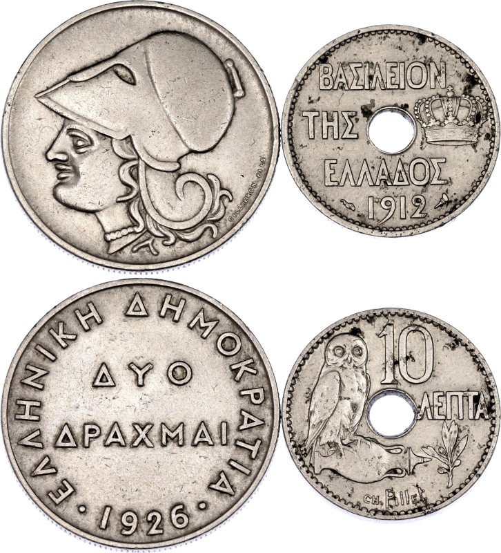 Greece 10 Lepta & 2 Drachmai 1912 - 1926

KM# 63, 70; Nickel; XF-AUNC