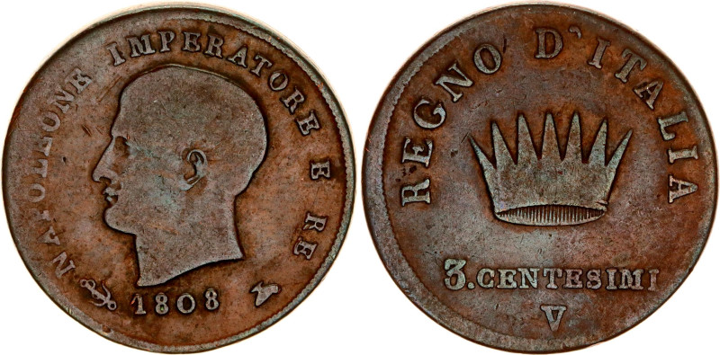 Italian States Kingdom of Napoleon 3 Centesimi 1808 V

C#2.3, N# 7085; Copper;...