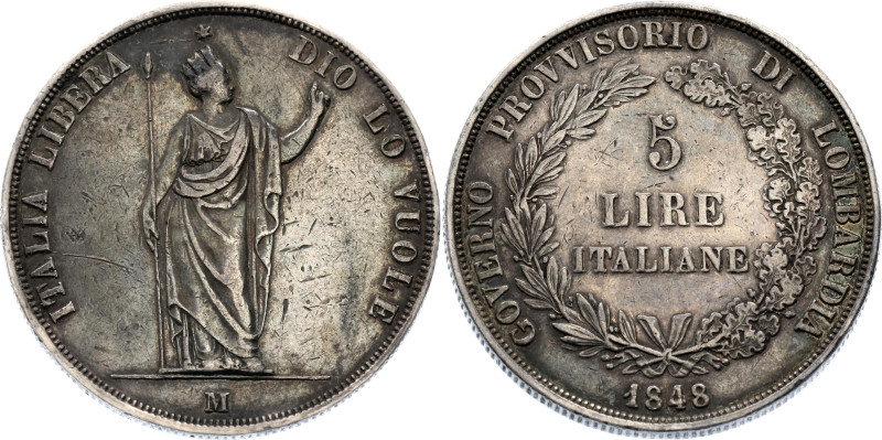 Italian States Lombardy-Venetia 5 Lire 1848 M

C# 22, N# 18063; Silver; XF, wi...