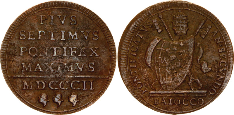 Italian States Papal States 1 Baiocco 1802 (II)

KM# 1267, N# 43159; Copper; P...