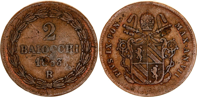 Italian States Papal States 2 Baiocchi 1853 B (VII)

KM# 1344, N# 18148; Coppe...