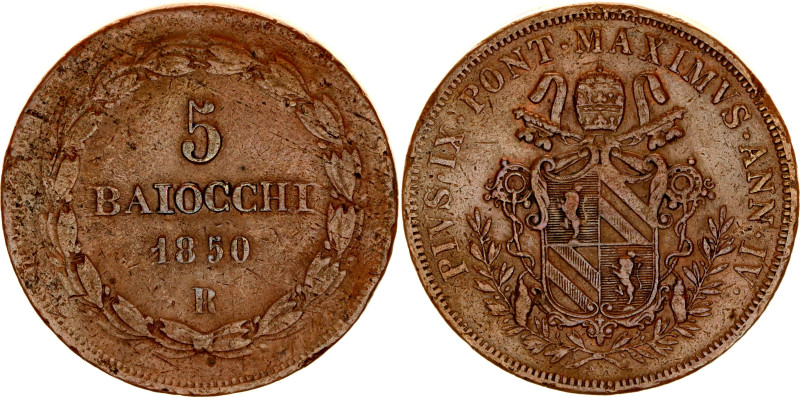 Italian States Papal States 5 Baiocchi 1850 R (IV)

KM# 1346, N# 38349; Copper...