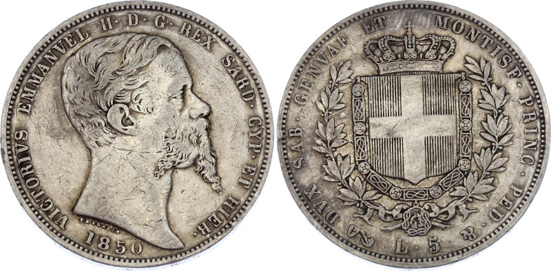 Italian States Sardinia 5 Lire 1850 P

KM# 144.2; Silver; Vittorio Emmanuel II...