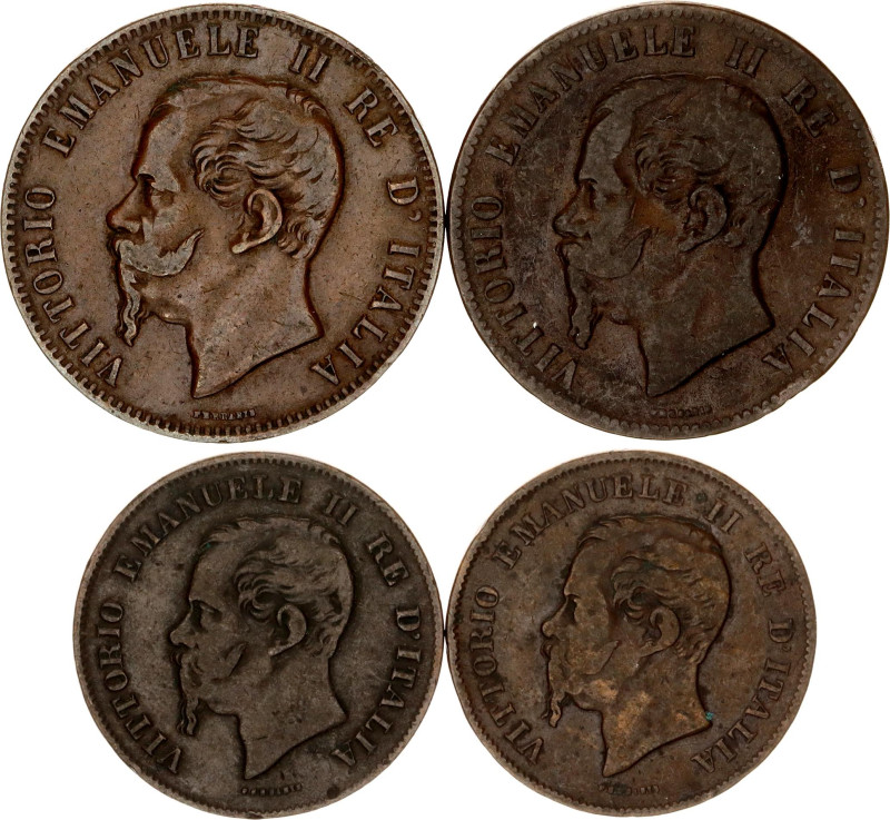Italy 2 x 5 & 2 x 10 Centesimi 1861 - 1867

KM# 3, 11; Bronze; Vittorio Emanue...