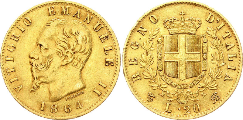 Italy 20 Lire 1864 T BN

KM# 10, N# 17714; Gold (0.900) 6.45 g., 21 mm.; Vitto...