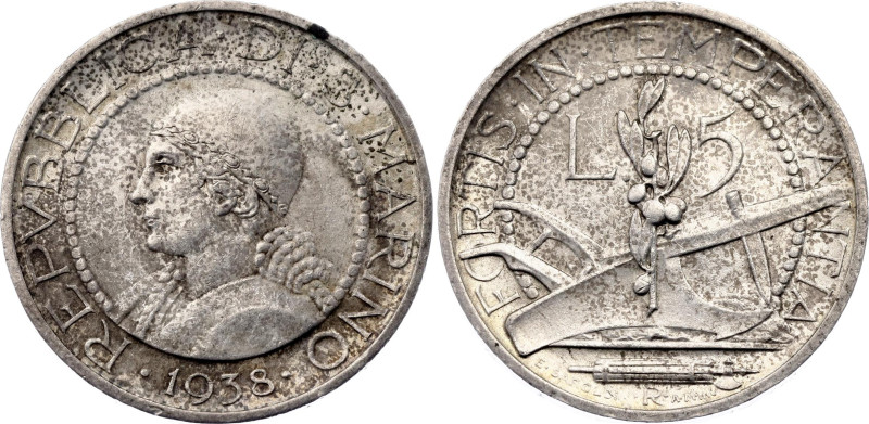 San Marino 5 Lire 1938 R

KM# 9, N# 7573; Silver; UNC with toning