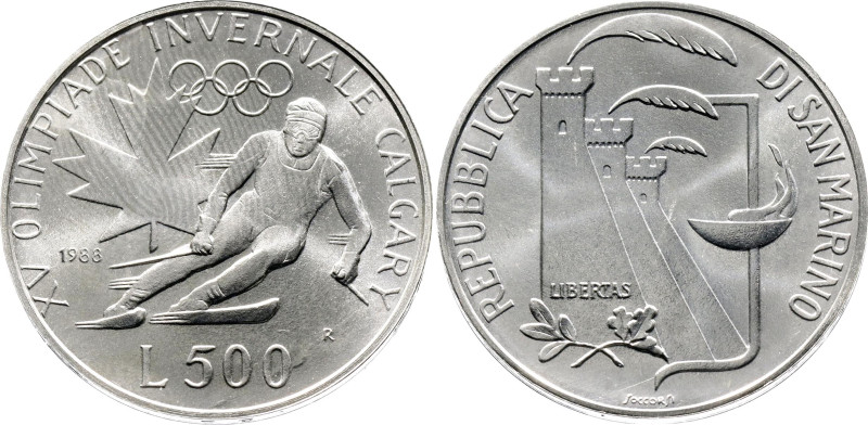 San Marino 500 Lire 1988 R

KM# 216, N# 27078; Silver 11 g.; Winter Olympics; ...