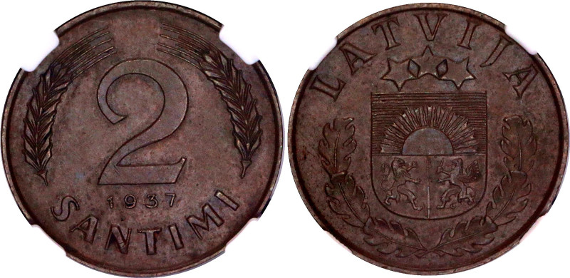 Latvia 2 Santimi 1937 NGC AU 58 BN

KM# 11.1, N# 4918; Bronze; Mintage: 44600 ...