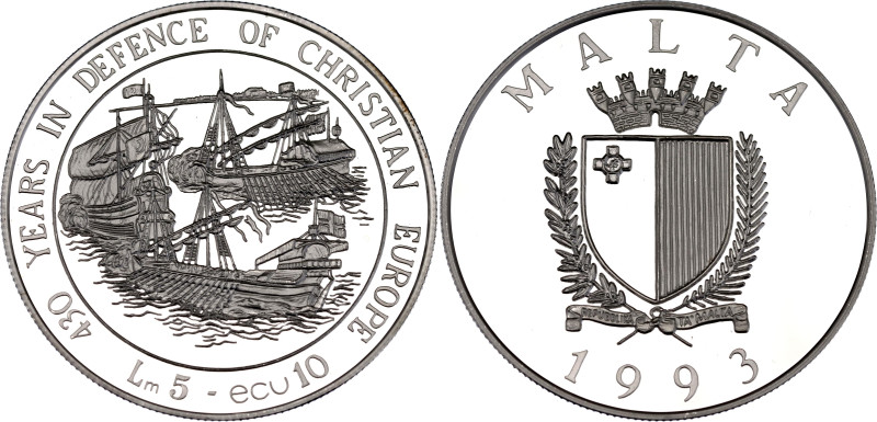 Malta 5 Liri / 10 Ecu 1993

KM# 104, N# 23965; Silver., Proof; 430 Years in De...