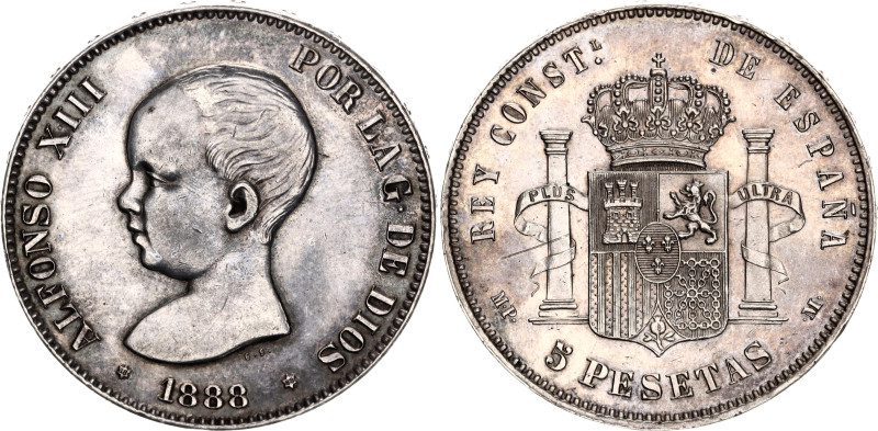 Spain 5 Pesetas 1888 MPM

KM# 689, N# 4009; Silver; Alfonso XIII; 1st portrait...