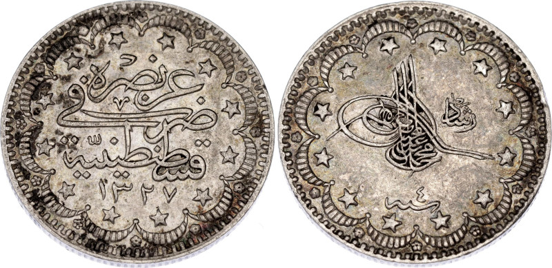 Ottoman Empire 5 Kurush 1911 AH 1327//4

KM# 750, N# 14525; Silver 5.91 g.; Me...