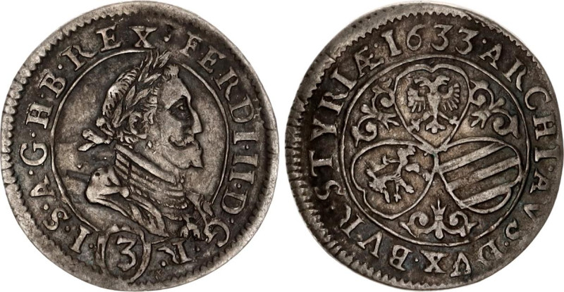 Austria 3 Kreuzer 1633

KM# 709, N# 73093; Silver; Ferdinand II, Graz Mint; XF...