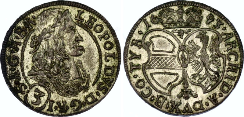 Austria 3 Kreuzer 1693

KM# 1356, N# 38901; Silver; Leopold I, Mint: Hall; XF-...