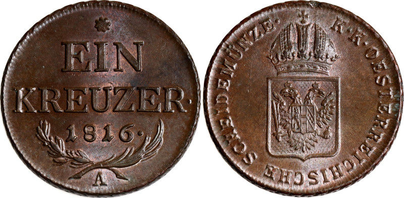 Austria 1 Kreuzer 1816 A

KM# 2113, N# 3169; Franz I; BUNC, red mint luster an...