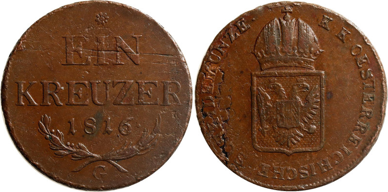 Austria 1 Kreuzer 1816 G Planchet Flaw Error

KM# 2113, N# 3169; Silver; Franz...