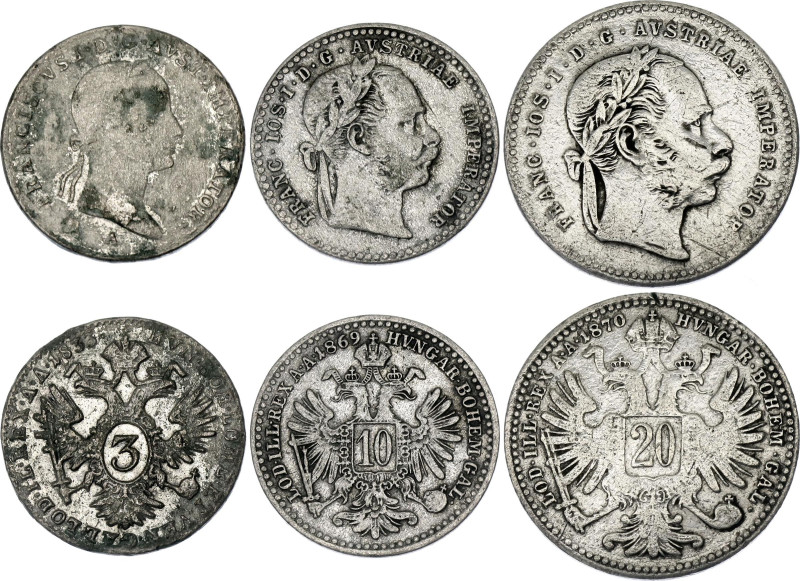 Austria 3 - 10 - 20 Kreuzer 1833 - 1870

KM# 2121, 2206, 2212; Silver; Franz I...