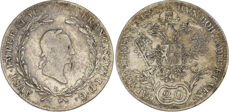 Austria 20 Kreuzer 1828 E

KM# 2144, Adamo# C33, N# 22621; Silver; Franz I, Al...